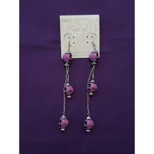 Purple Skull Long Dangle Earrings Halloween Bikercore Punkcore Rocker Goth Boho